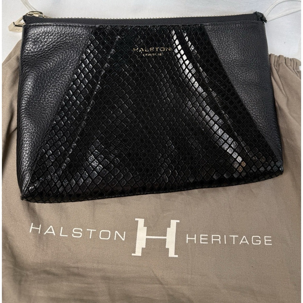 Halston Heritage Snake Patten Leather Clutch Gold Tone Hardware